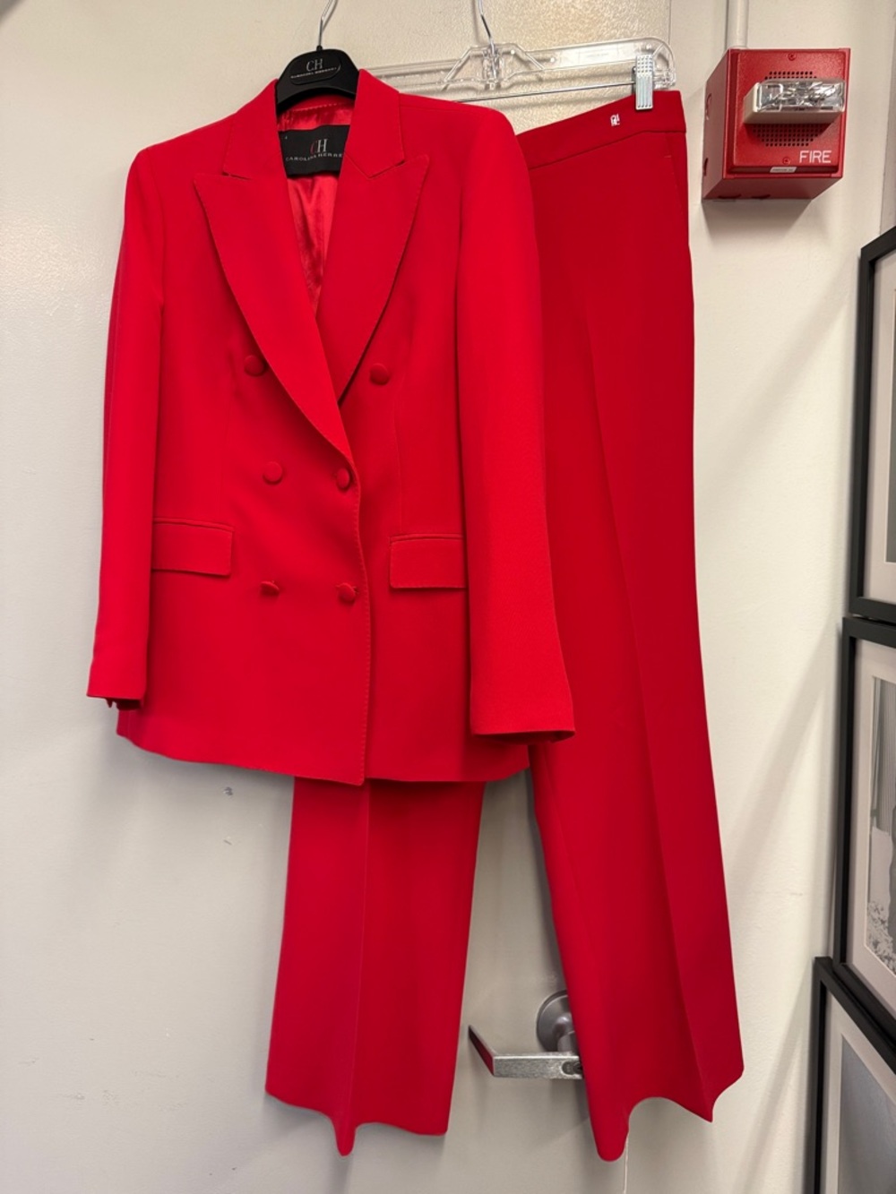 CH Carolina Herrera Vibrant Red Double-Breasted Blazer with Wide-Leg Pants